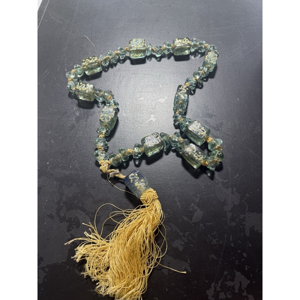 Heavy Glass Beaded Statement Necklace Aqua Gold Tassel Boho Vintage Style 2.2 LB